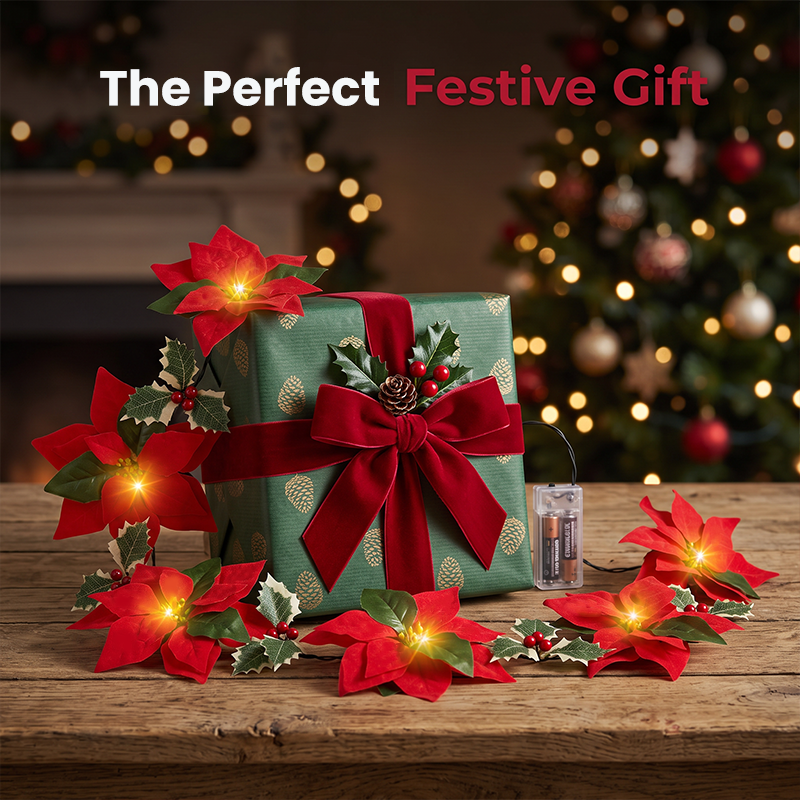 đđ Beleuchtete Poinsettien-Lichterkette â Flexible 2m Weihnachtsgirlande fĂŒr TreppengelĂ€nder & Regale | Indoor