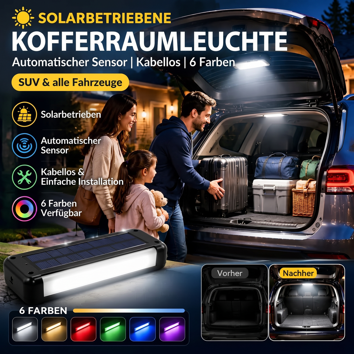 đ Solar-LED-Kofferraumleuchte fĂźr Autos â mit automatischem Sensor, kabellos, 6 Farben, fĂźr SUVs und Fahrzeuge