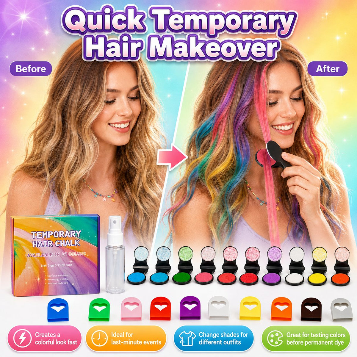🔥 Nur für kurze Zeit!🎨 12 Farben, 1 Applikator – Temporäre Haarkreide für sofortigen Farbwechsel – ohne Bleichen, ohne Schäden, einfach auswaschen ✨