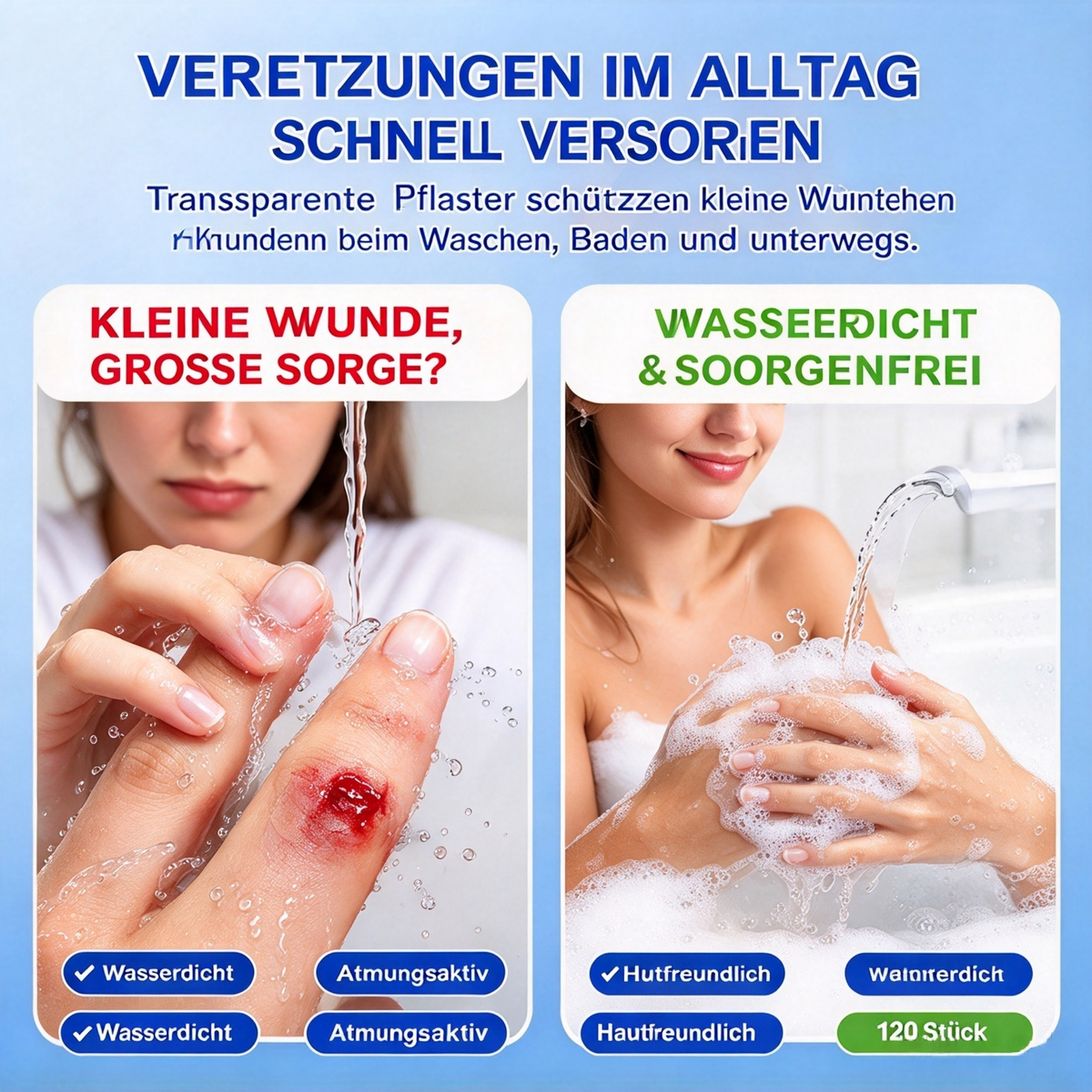 💧 Kleine Wunde & Wasser? Kein Problem! – Wasserfeste, atmungsaktive Wundpflaster – transparent, hautfreundlich & kaum spürbar – schützen zuverlässig bei Händewaschen, Duschen & unterwegs 🩹✨