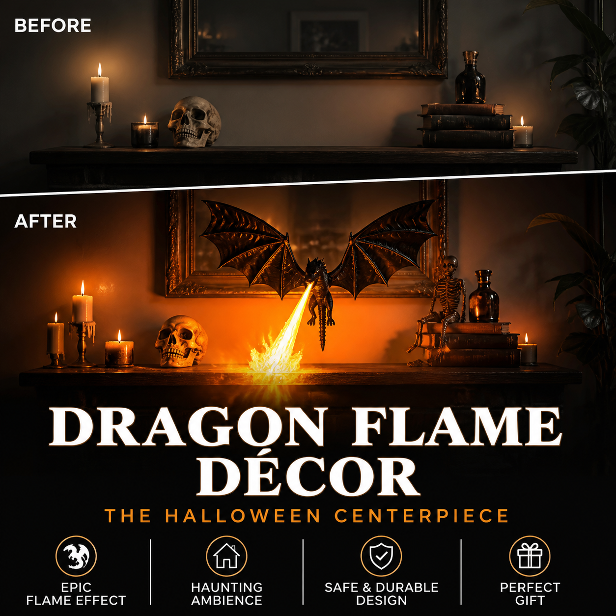 🐉 PROMO-BLITZ: 50% RABATT! 🔥 Drachenflammen-Dekoration – Seiden-PLA – Realistischer Flammeneffekt für Bücherregal & Halloween-Deko 🎃
