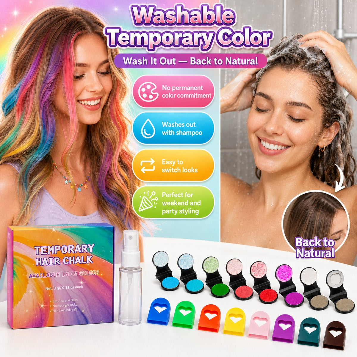 🔥 Nur für kurze Zeit!🎨 12 Farben, 1 Applikator – Temporäre Haarkreide für sofortigen Farbwechsel – ohne Bleichen, ohne Schäden, einfach auswaschen ✨