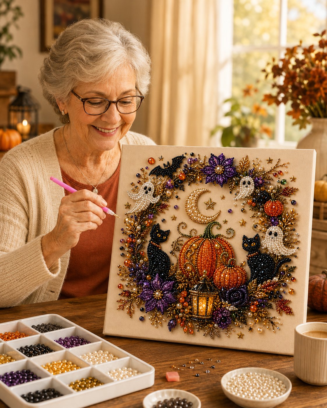 💥 Letzter Tag 56% RABATT👻✨50.000 VERKAUFT!🎃 Halloween Perlkunst DIY-Kit – Keine Malfähigkeiten erforderlich, einfach Perlen zuordnen und platzieren. Erstelle gruselig-süße Dekoration für ein gemütliches Herbst-Zuhause! 🧵🖼️