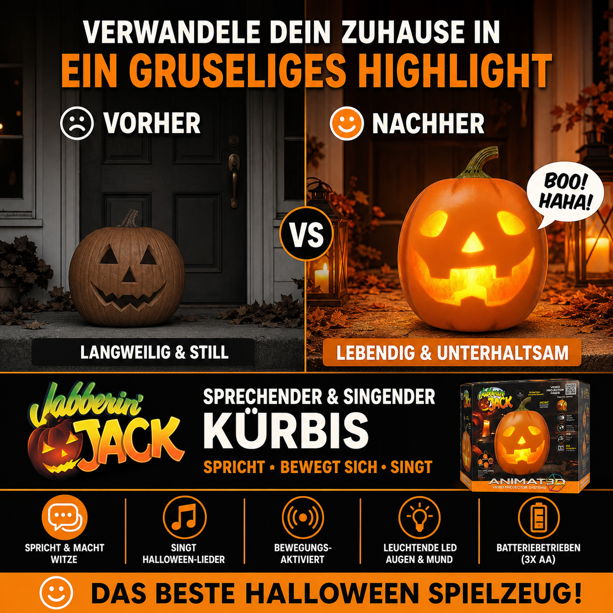 🎃Jabberin' Jack animierter sprechender und singender Halloween‑Kürbis👻🎁