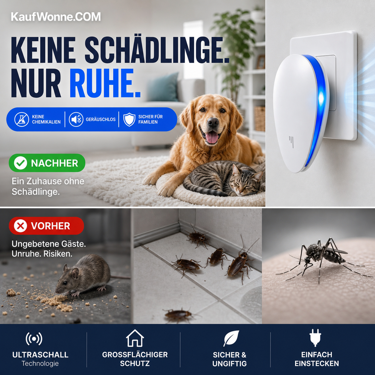 🔥🎁 50% Rabatt🥳🏠 Verbesserter Ultraschall‑Schädlingsabwehrer, vertreibt Flöhe, Insekten und Nagetiere, steckdosenbetrieben