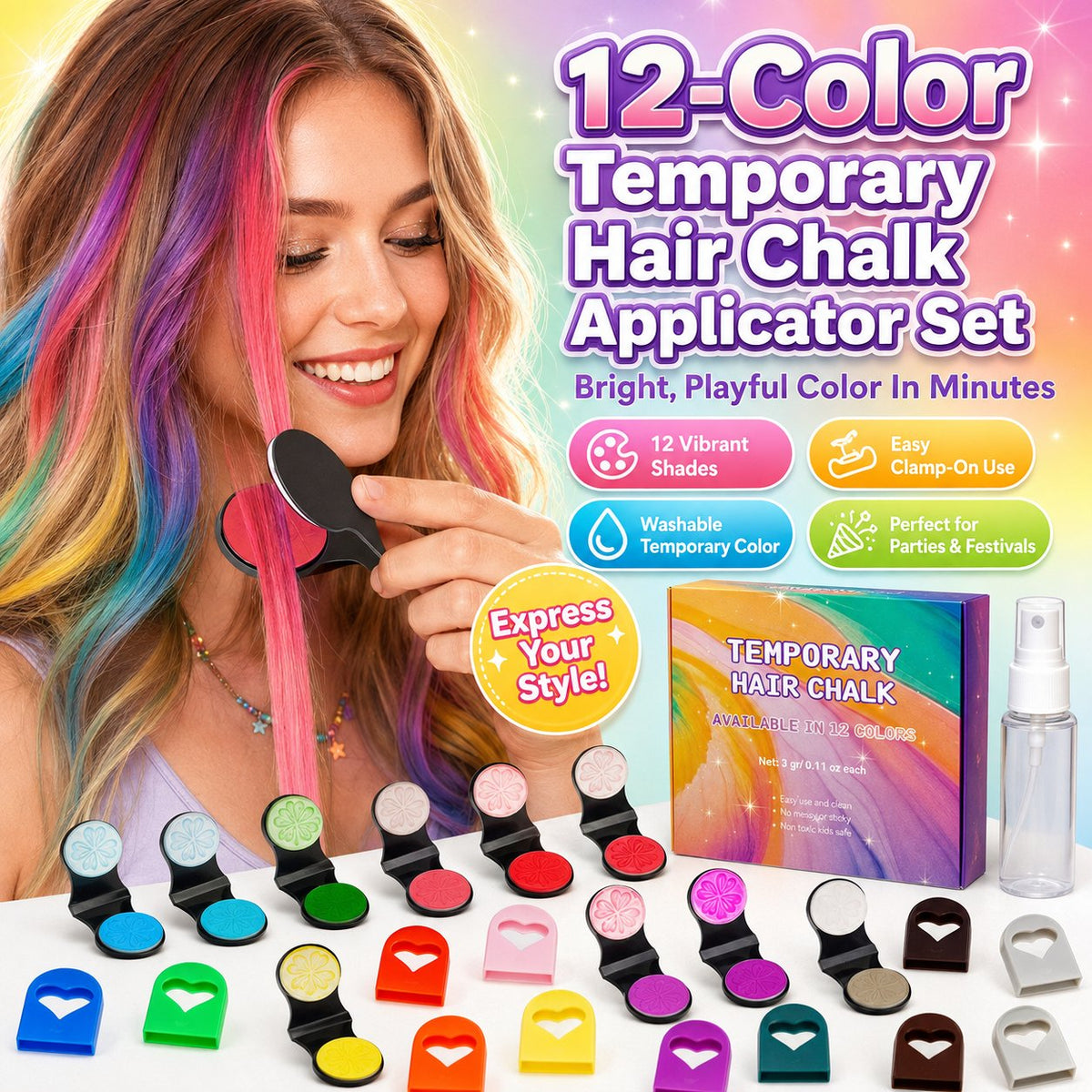 🔥 Nur für kurze Zeit!🎨 12 Farben, 1 Applikator – Temporäre Haarkreide für sofortigen Farbwechsel – ohne Bleichen, ohne Schäden, einfach auswaschen ✨