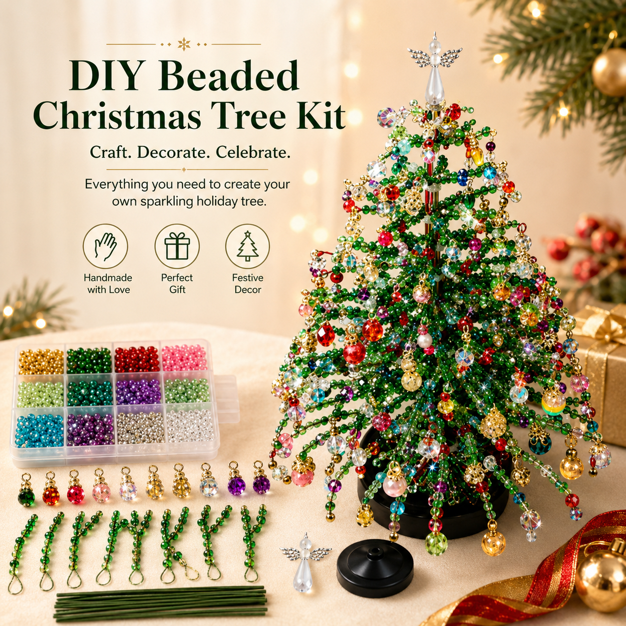 🌲DIY Perlen-Weihnachtsbaum-Bausatz – Handgemachtes Bastelgeschenk mit Engels-Spitze, bunte Mini-Weihnachtsdekoration für Schreibtisch & Tisch (Alles-in-einem-Set)