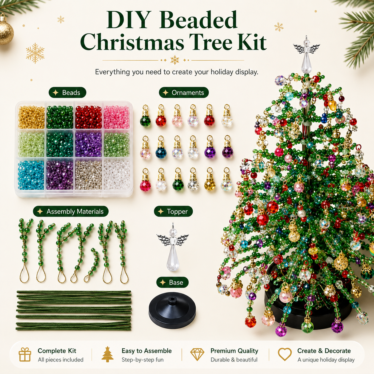🌲DIY Perlen-Weihnachtsbaum-Bausatz – Handgemachtes Bastelgeschenk mit Engels-Spitze, bunte Mini-Weihnachtsdekoration für Schreibtisch & Tisch (Alles-in-einem-Set)