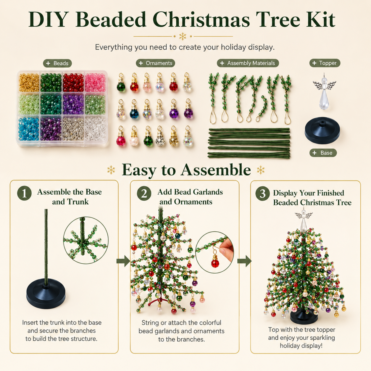 🌲DIY Perlen-Weihnachtsbaum-Bausatz – Handgemachtes Bastelgeschenk mit Engels-Spitze, bunte Mini-Weihnachtsdekoration für Schreibtisch & Tisch (Alles-in-einem-Set)