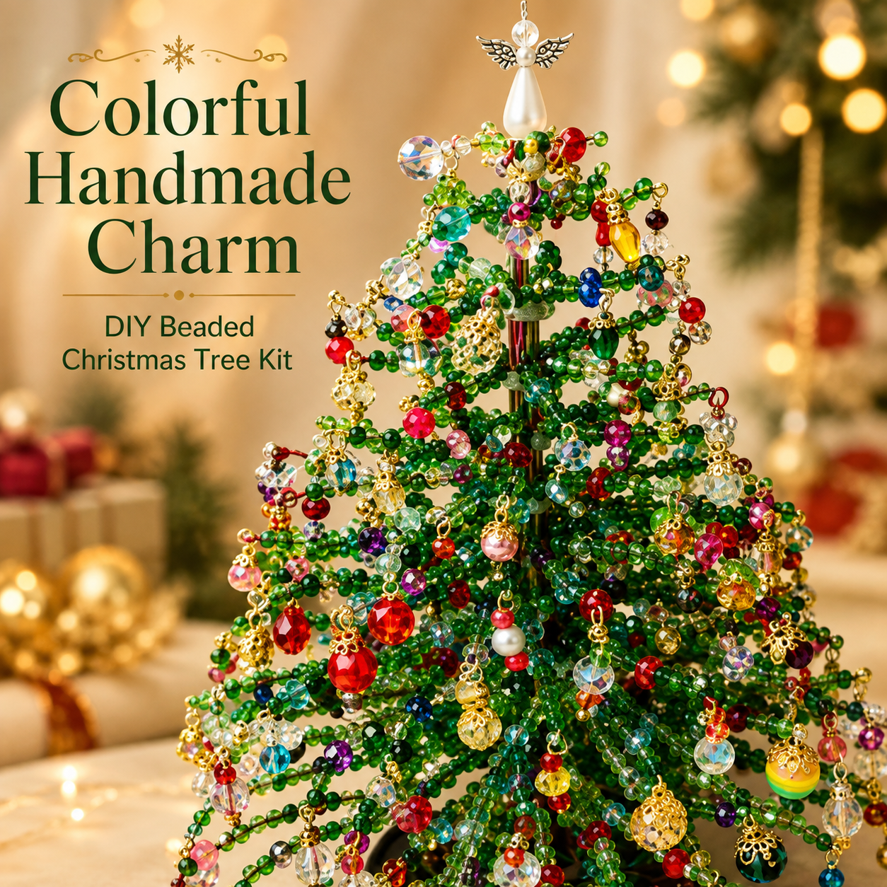 🌲DIY Perlen-Weihnachtsbaum-Bausatz – Handgemachtes Bastelgeschenk mit Engels-Spitze, bunte Mini-Weihnachtsdekoration für Schreibtisch & Tisch (Alles-in-einem-Set)