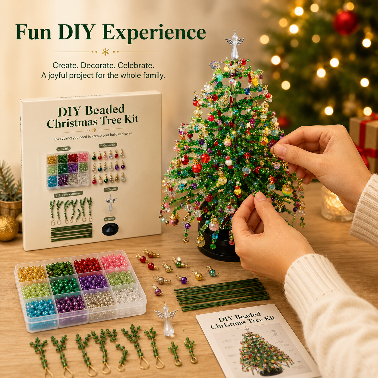 🌲DIY Perlen-Weihnachtsbaum-Bausatz – Handgemachtes Bastelgeschenk mit Engels-Spitze, bunte Mini-Weihnachtsdekoration für Schreibtisch & Tisch (Alles-in-einem-Set)