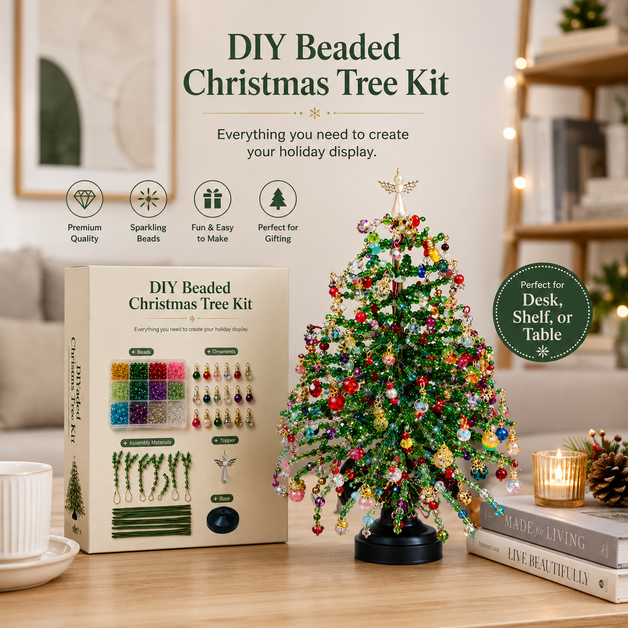 🌲DIY Perlen-Weihnachtsbaum-Bausatz – Handgemachtes Bastelgeschenk mit Engels-Spitze, bunte Mini-Weihnachtsdekoration für Schreibtisch & Tisch (Alles-in-einem-Set)