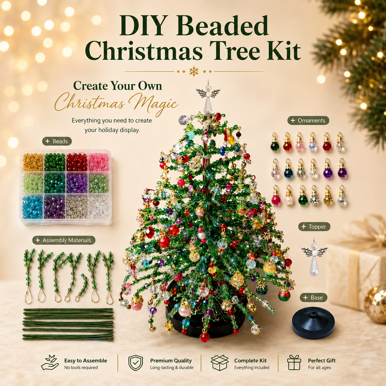 🌲DIY Perlen-Weihnachtsbaum-Bausatz – Handgemachtes Bastelgeschenk mit Engels-Spitze, bunte Mini-Weihnachtsdekoration für Schreibtisch & Tisch (Alles-in-einem-Set)