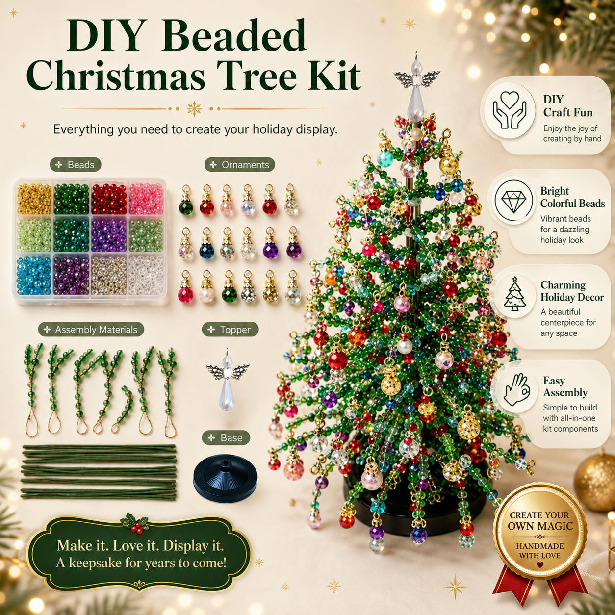 🌲DIY Perlen-Weihnachtsbaum-Bausatz – Handgemachtes Bastelgeschenk mit Engels-Spitze, bunte Mini-Weihnachtsdekoration für Schreibtisch & Tisch (Alles-in-einem-Set)