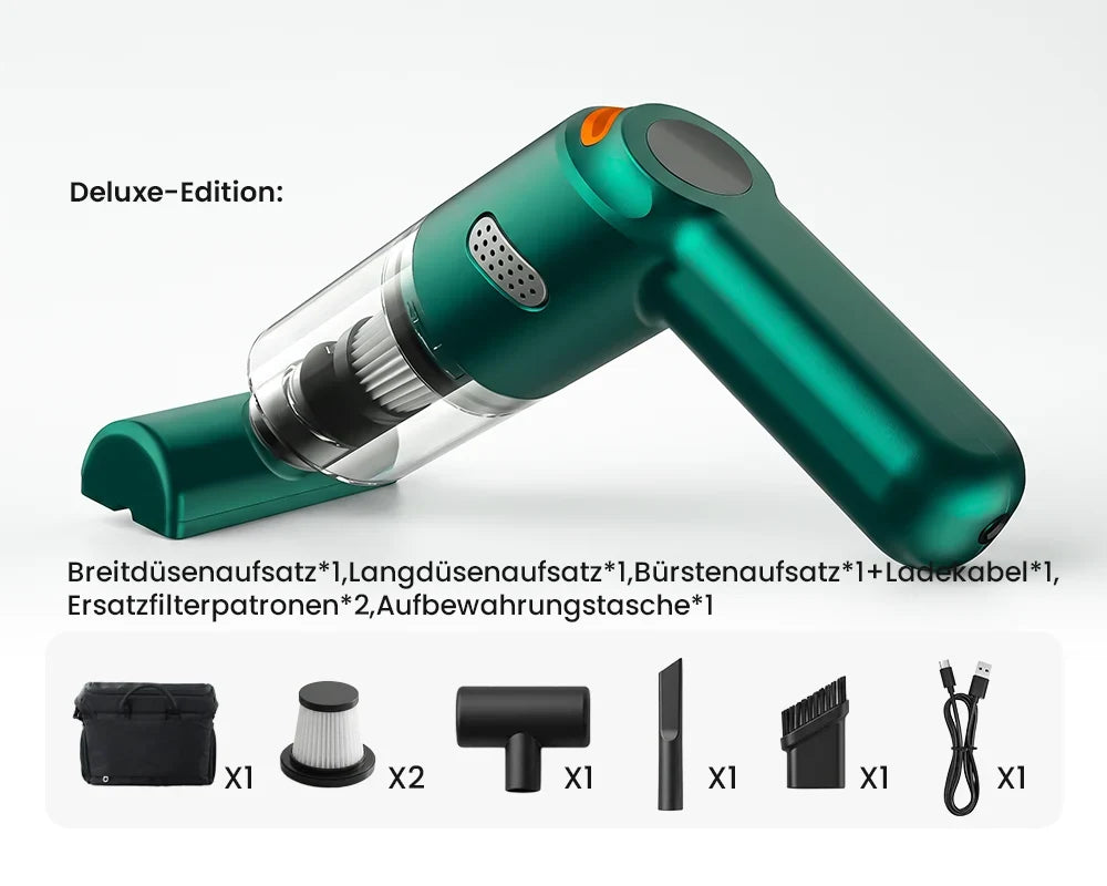 ⏳Zeitlich begrenztes Sonderangebot⏰ Kabelloser Handstaubsauger – 10000 Pa, 120 W, 400 g. 4000-mAh-Akku, 30 Min. Laufzeit. Waschbarer HEPA-Filter. Inkl. Bürste & Breitmauldüse. Weiß/Schwarz/Dunkelgrün ⚡