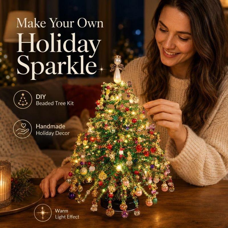 🌲DIY Perlen-Weihnachtsbaum-Bausatz – Handgemachtes Bastelgeschenk mit Engels-Spitze, bunte Mini-Weihnachtsdekoration für Schreibtisch & Tisch (Alles-in-einem-Set)