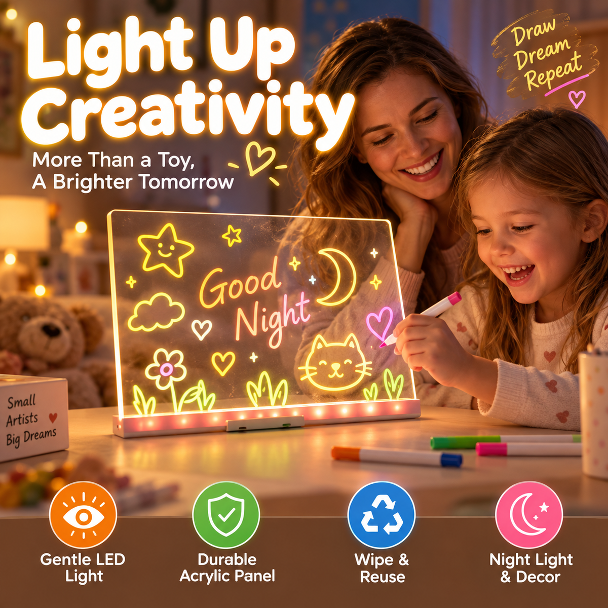 🥳HEISSER VERKAUF 2026🥳💞ÜBER 50.000 VERKAUFT! 🎨✨ 50 % RABATT! Leuchtende, löschbare Maltafel zum Selbermachen für Kinder – sanfte LED-Beleuchtung, wiederverwendbares Acryl, dient gleichzeitig als Nachtlicht. Unendlicher kreativer Spaß! 🛡️💚