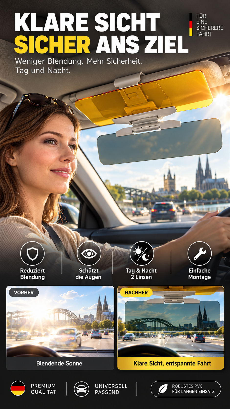 🛡️ 50% RABATT! 🚗 Universal Blendschutz-Visier für Tag & Nacht – Anti-Glare, Einfache Montage & Klare Sicht für Mehr Sicherheit ✨