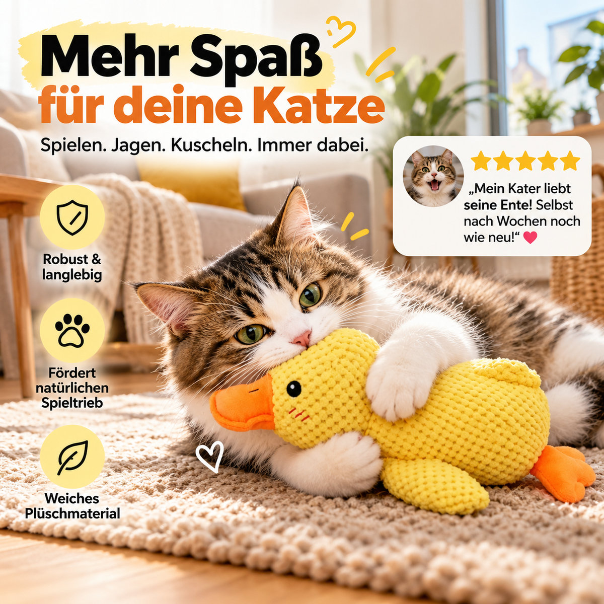 🦆 40% Rabatt! Quakende Plüsch-Ente für Katzen – weiches Kuschelspielzeug mit interaktivem Spielreiz – ideal für Spiel, Schmusen und Beschäftigung 🐱✨