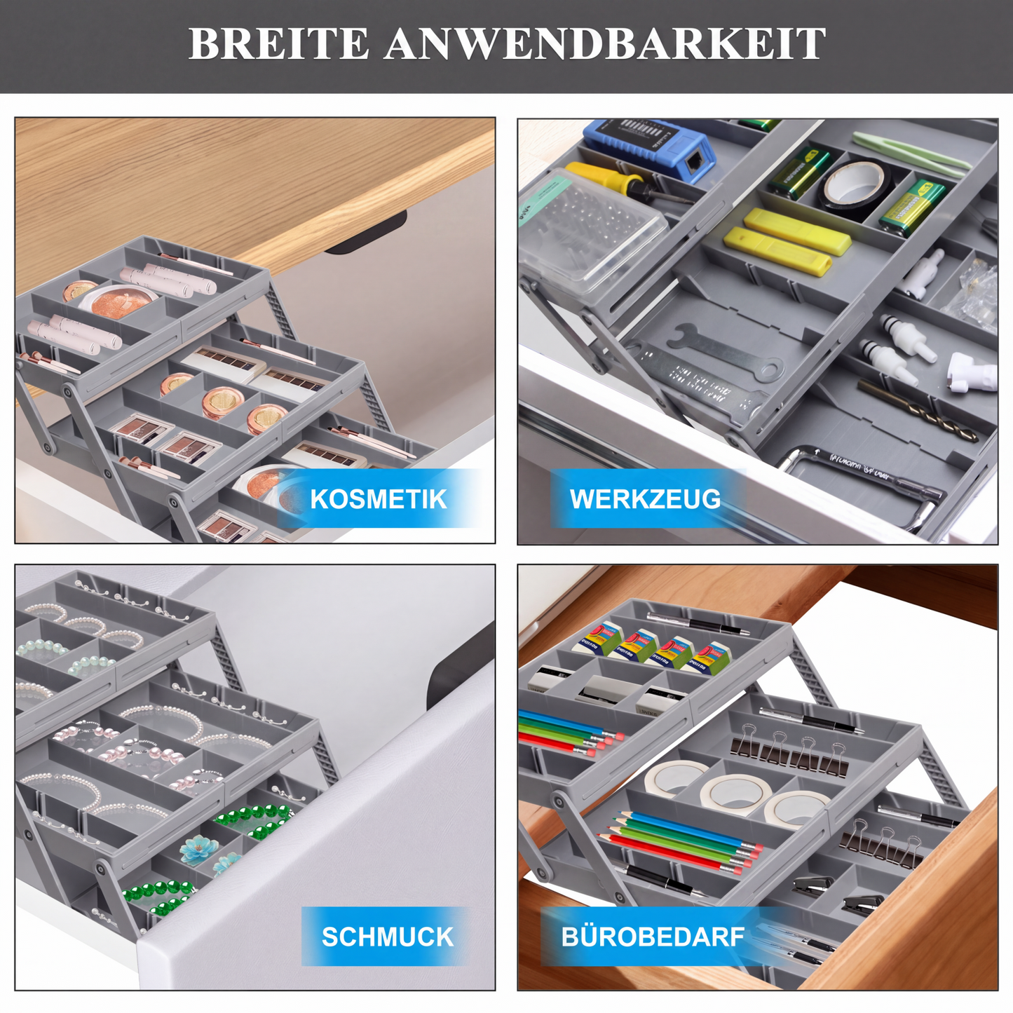 Ausziehbarer und zusammenklappbarer Schubladenorganisator