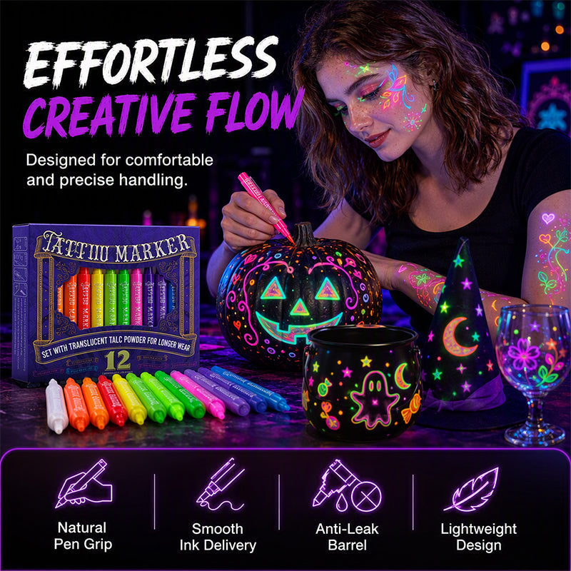 ✨ Glow-Tattoo-Stifte – UV-Neonfarben für Party & Festival, wasserfest & leicht abwaschbar