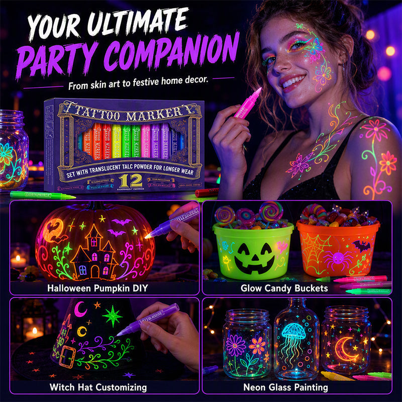 ✨ Glow-Tattoo-Stifte – UV-Neonfarben für Party & Festival, wasserfest & leicht abwaschbar