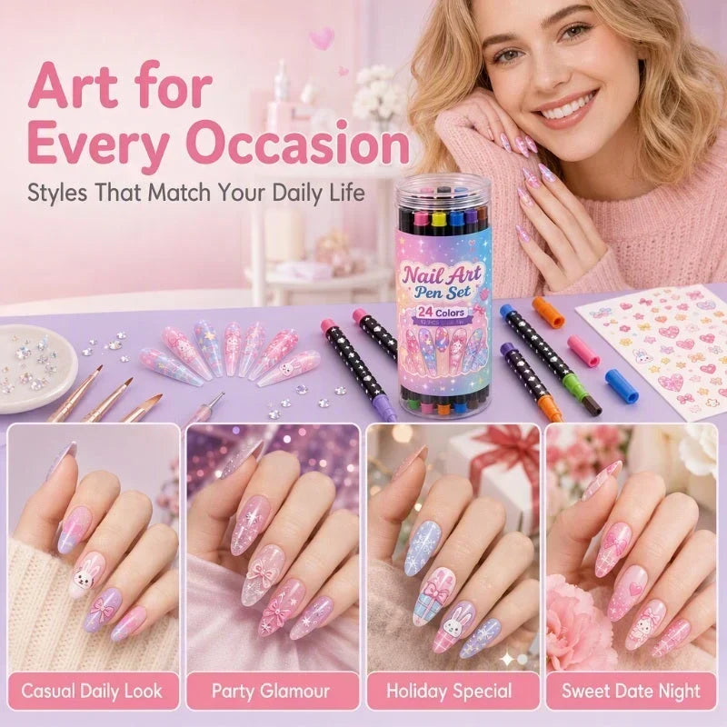💅 12 Doppelspitze-Nail-Art-Stifte = 24 Farben – Nageldesign-Stift-Set für präzise Linien, Punkte & Muster 🎨✨