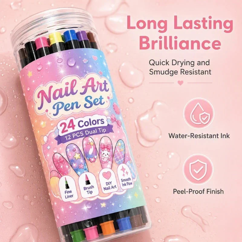 💅 12 Doppelspitze-Nail-Art-Stifte = 24 Farben – Nageldesign-Stift-Set für präzise Linien, Punkte & Muster 🎨✨