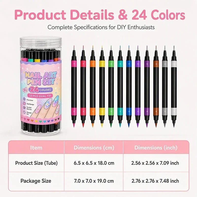 💅 12 Doppelspitze-Nail-Art-Stifte = 24 Farben – Nageldesign-Stift-Set für präzise Linien, Punkte & Muster 🎨✨