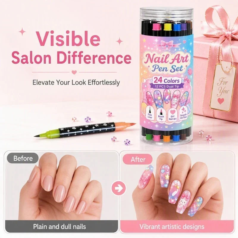 💅 12 Doppelspitze-Nail-Art-Stifte = 24 Farben – Nageldesign-Stift-Set für präzise Linien, Punkte & Muster 🎨✨