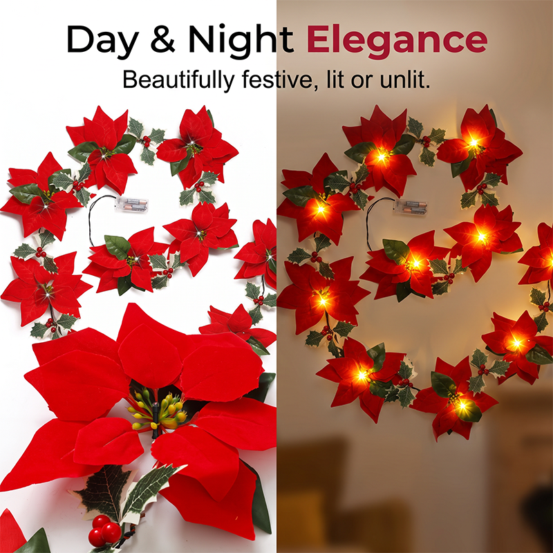 🎄🏠 Beleuchtete Poinsettien-Lichterkette – Flexible 2m Weihnachtsgirlande für Treppengeländer & Regale | Indoor