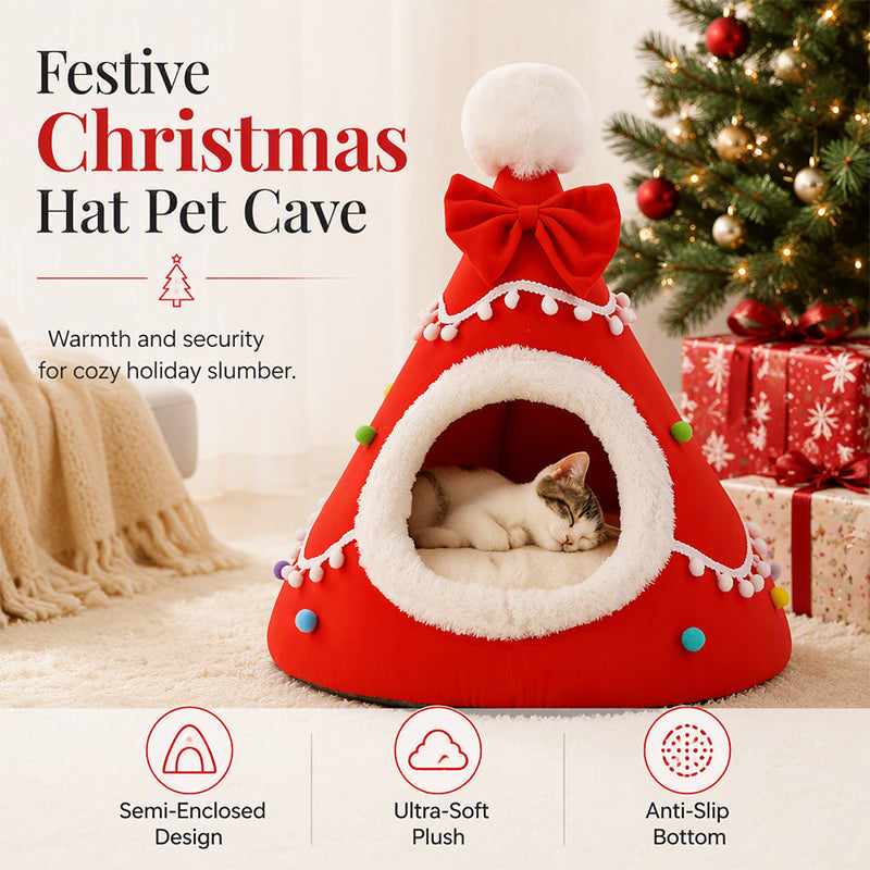 🎄 Halbgeschlossene Weihnachts-Höhle für Hunde & Katzen – Kuscheliges Winterbett mit weichem Plüsch, warm & schützend – perfektes Weihnachtsgeschenk für Haustiere