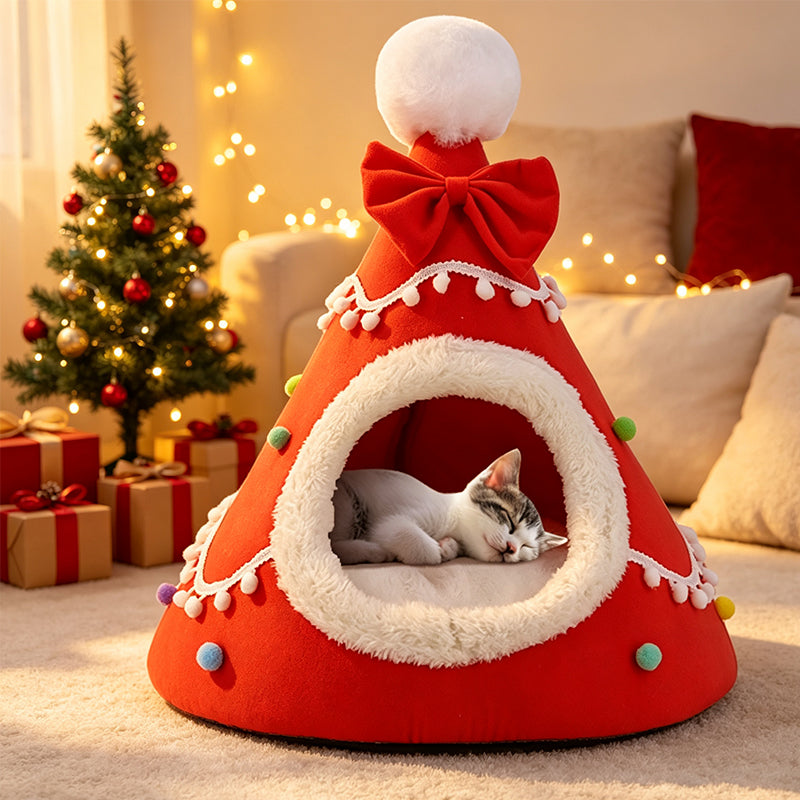 🎄 Halbgeschlossene Weihnachts-Höhle für Hunde & Katzen – Kuscheliges Winterbett mit weichem Plüsch, warm & schützend – perfektes Weihnachtsgeschenk für Haustiere