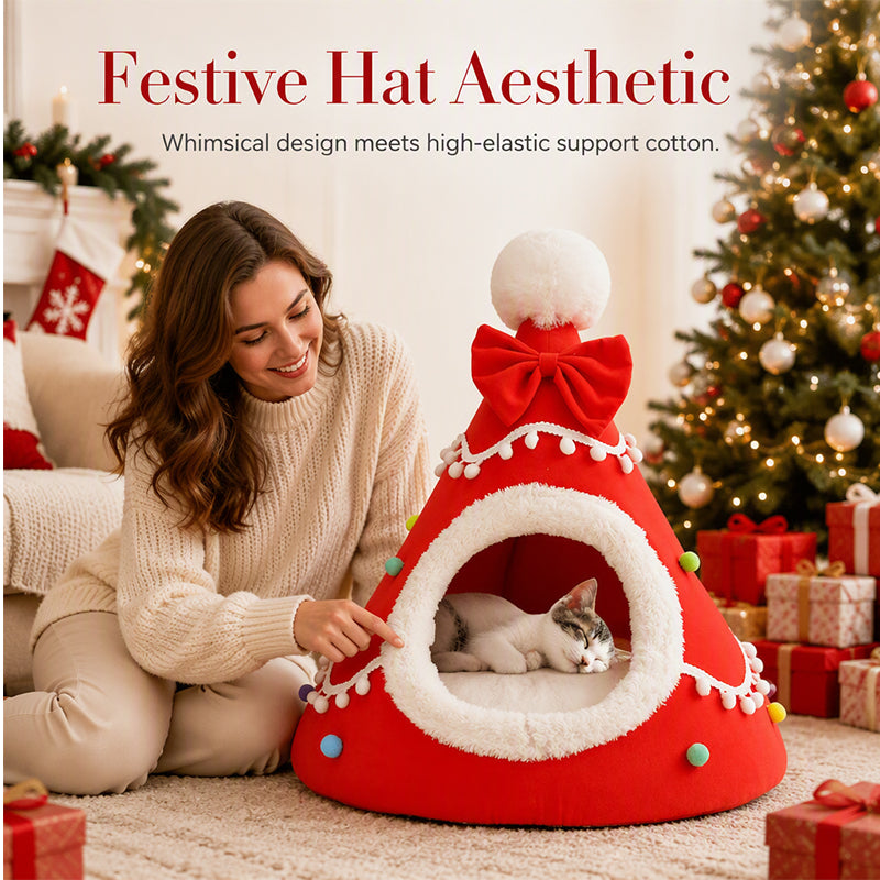 🎄 Halbgeschlossene Weihnachts-Höhle für Hunde & Katzen – Kuscheliges Winterbett mit weichem Plüsch, warm & schützend – perfektes Weihnachtsgeschenk für Haustiere