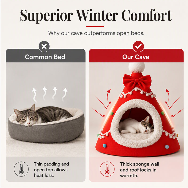 🎄 Halbgeschlossene Weihnachts-Höhle für Hunde & Katzen – Kuscheliges Winterbett mit weichem Plüsch, warm & schützend – perfektes Weihnachtsgeschenk für Haustiere