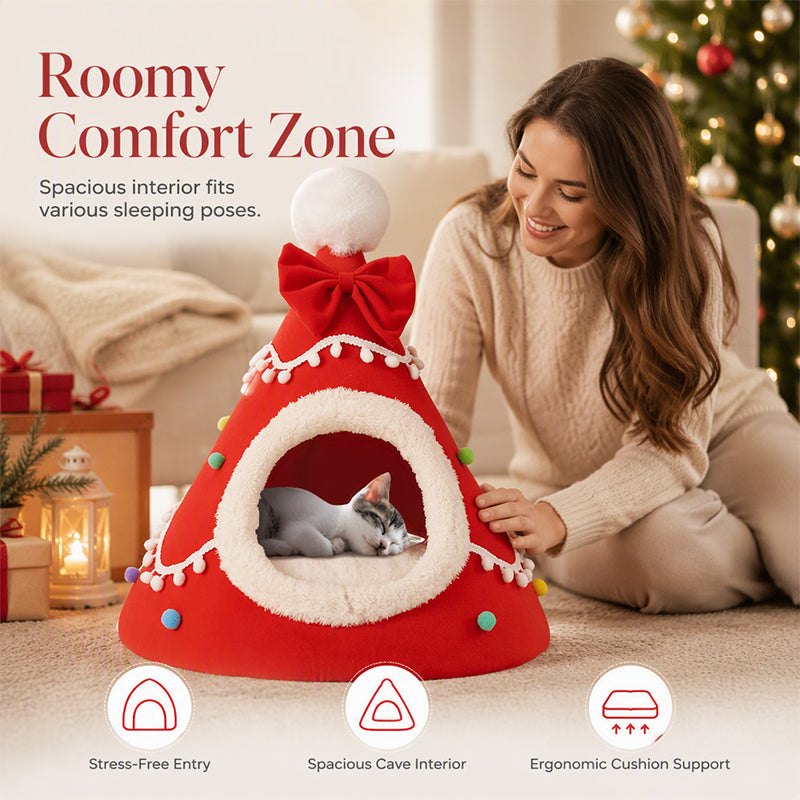 🎄 Halbgeschlossene Weihnachts-Höhle für Hunde & Katzen – Kuscheliges Winterbett mit weichem Plüsch, warm & schützend – perfektes Weihnachtsgeschenk für Haustiere