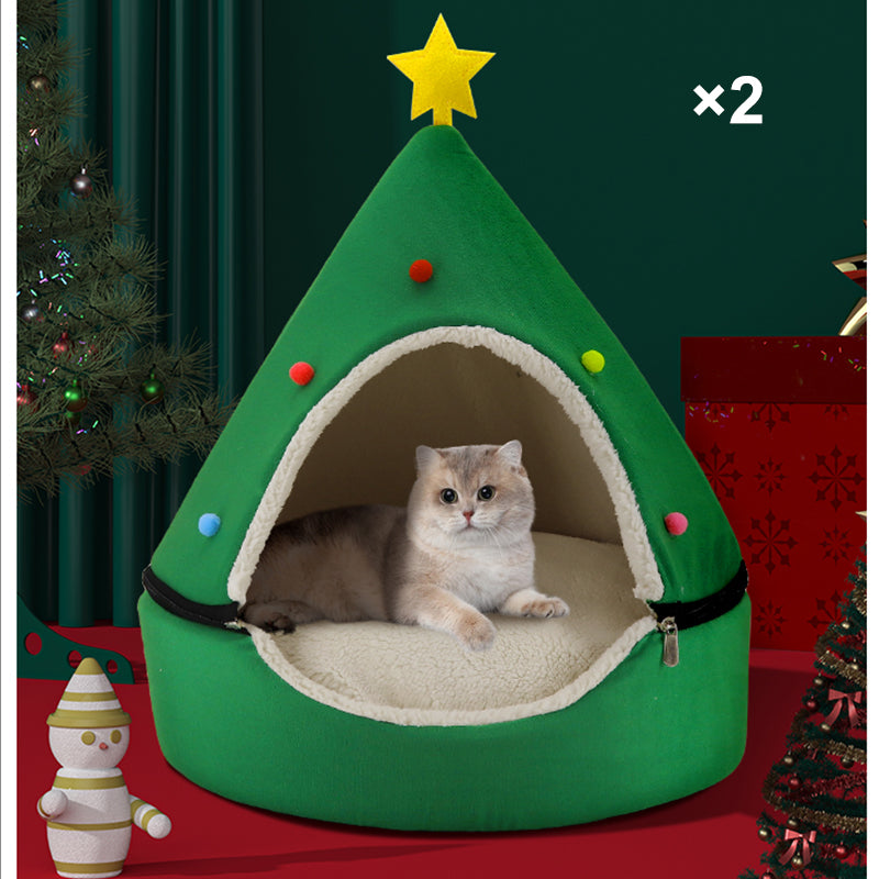 🎄 Halbgeschlossene Weihnachts-Höhle für Hunde & Katzen – Kuscheliges Winterbett mit weichem Plüsch, warm & schützend – perfektes Weihnachtsgeschenk für Haustiere