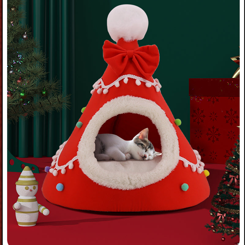 🎄 Halbgeschlossene Weihnachts-Höhle für Hunde & Katzen – Kuscheliges Winterbett mit weichem Plüsch, warm & schützend – perfektes Weihnachtsgeschenk für Haustiere