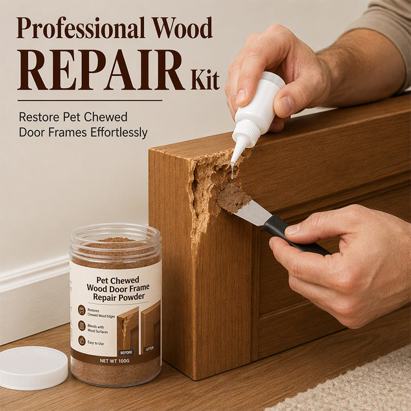 🛠️ Reparaturset für Holz-Türrahmen – Kratzer & Bissspuren von Hunden & Katzen einfach ausbessern – Spachtelmasse, Schleifpapier & Lack in einem Set