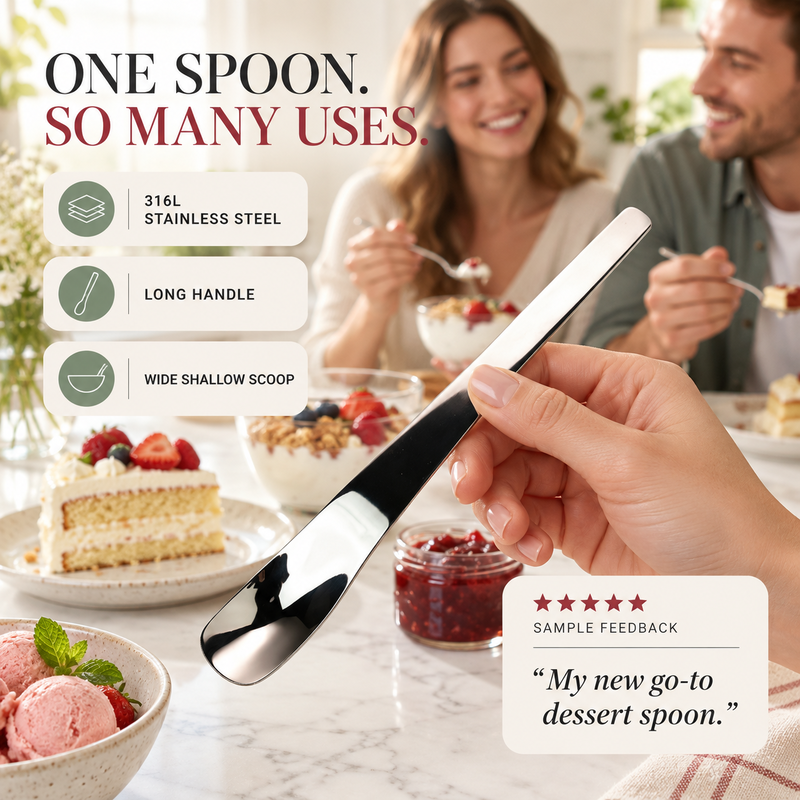 🍨 Perfekter Bissen für jeden Dessert-Moment! – Edelstahl-Dessertlöffel mit langem ergonomischem Griff – liegt angenehm in der Hand & erreicht mühelos jeden Becher ✨🥄