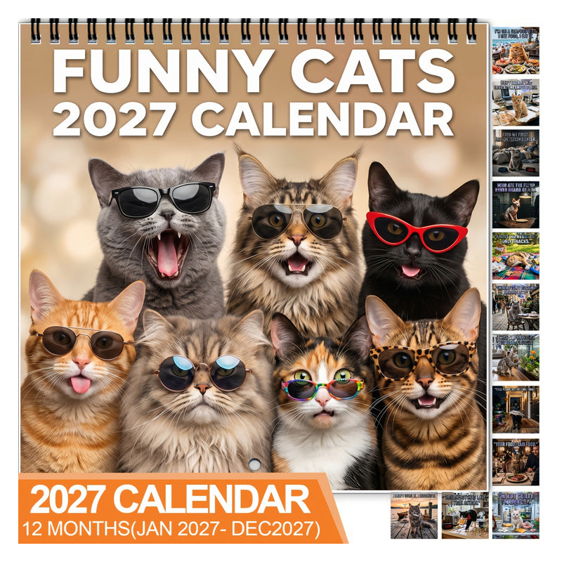 🐱 JETZT 50% RABATT! 2027 Lustiger Katzen-Wandkalender – Humorvoller Kitty-Foto-Schreibtischkalender, großes monatliches Raster, Doppelspiralbindung, niedliche Katzenkunstdekoration für Zuhause und Büro