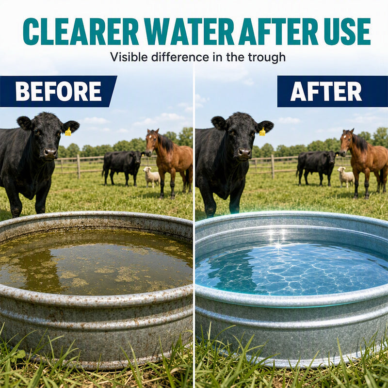🚜💧 Algen & Schleim im Tränkwasser? – Schnellauflösende Reinigungstabletten für Viehtränken – sauberes Wasser ohne Schrubben, einfach hineingeben 🐄✨