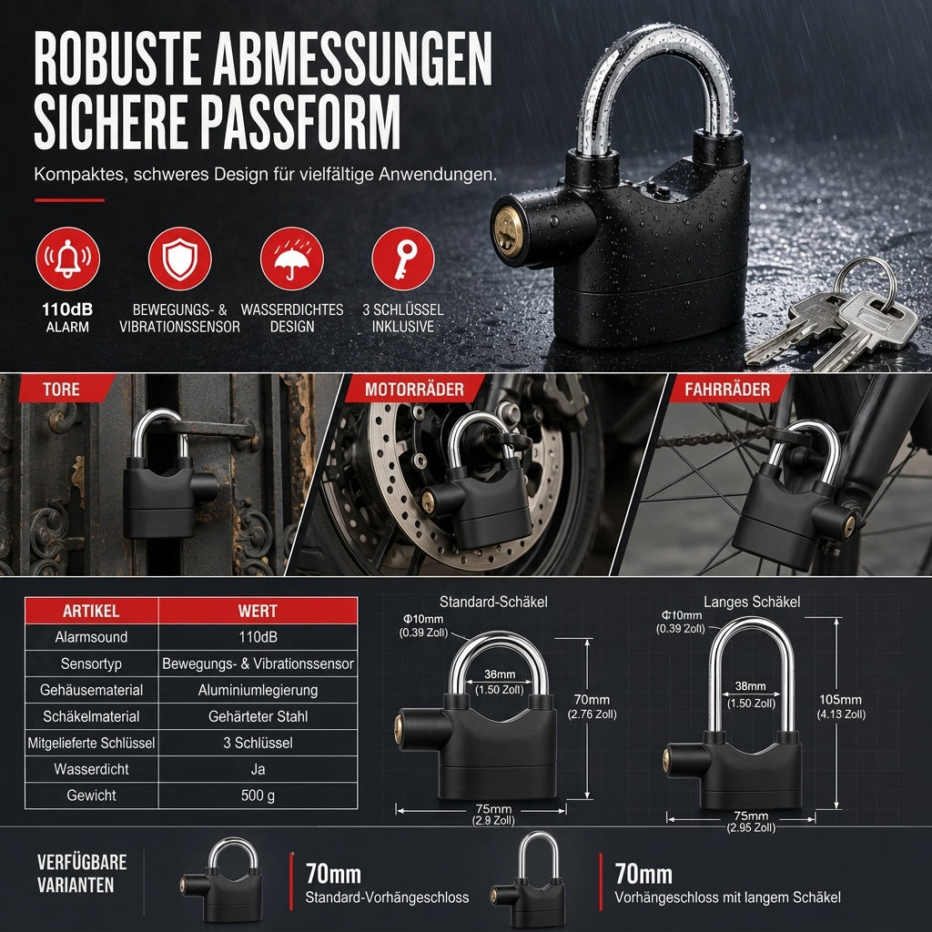 70mm-Aluminiumlegierungs-Diebstahlschutz-Alarm-Vorhängeschloss, Sicherheitsschloss für Tore, geeignet für Lager, Motorräder und Fahrräder, inklusive Batterien