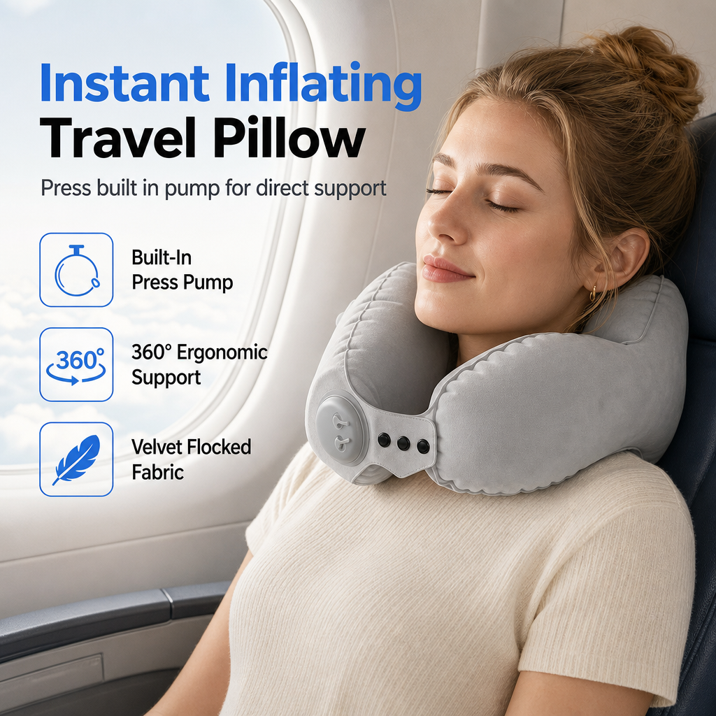 😴 Nackenschmerzen auf Reisen? – Aufblasbares U-förmiges Reise-Nackenkissen – schnell aufblasen, bequem stützen & platzsparend verstauen – ideal für Flug, Auto & Zug ✈️✨