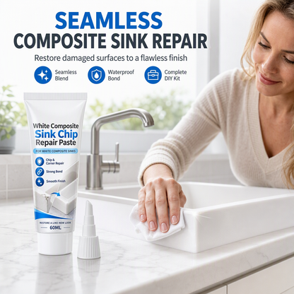 🚰 Ecke abgeplatzt oder Riss im Spülbecken? – Weiße Reparaturpaste für Composite-Spülbecken – repariert Ecken & Kanten, wasserfest & farblich passend – einfach auftragen ✨