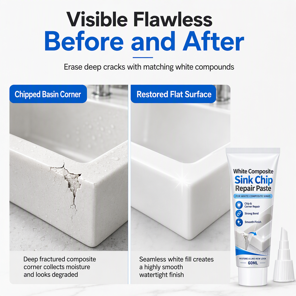 🚰 Ecke abgeplatzt oder Riss im Spülbecken? – Weiße Reparaturpaste für Composite-Spülbecken – repariert Ecken & Kanten, wasserfest & farblich passend – einfach auftragen ✨
