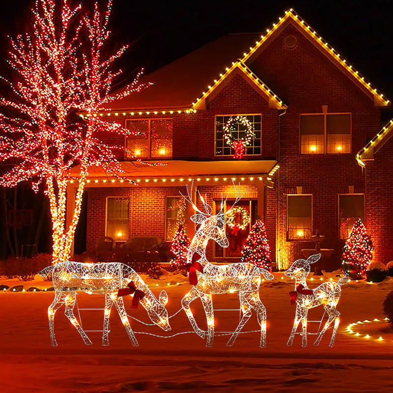 🎄🦌LED-Weihnachtsrentier-Set mit Schleife – dekorative Rentierfamilie für drinnen und draußen