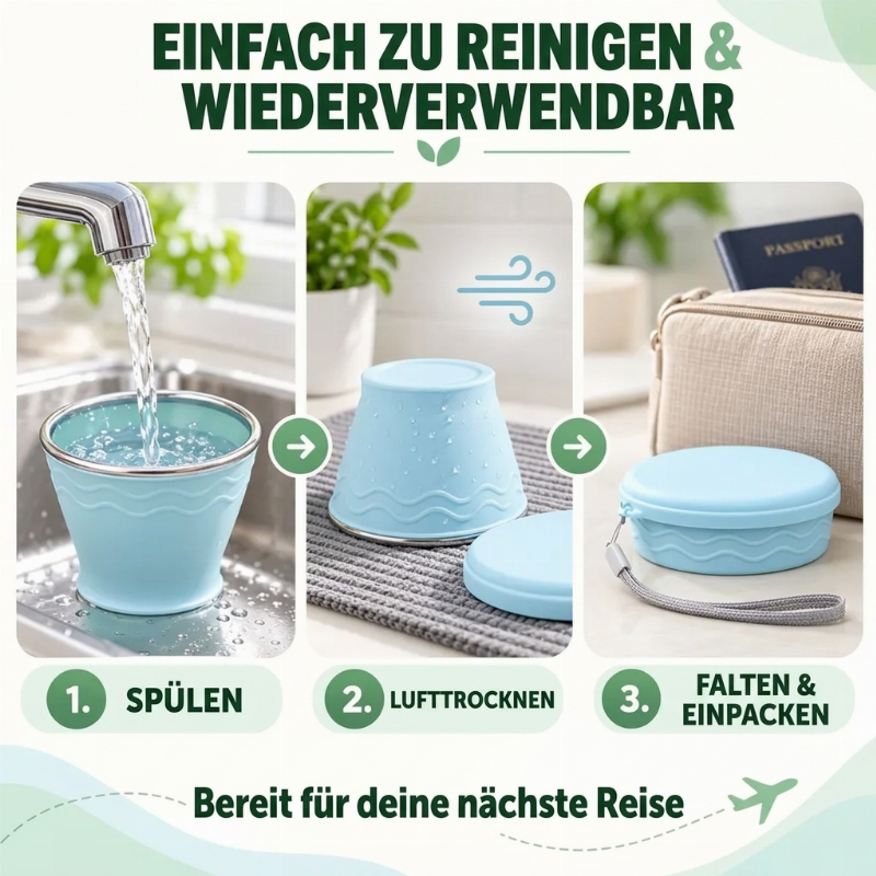 🎒 Nie wieder sperrige Trinkbecher! – Faltbarer Silikon-Reisebecher – einfach zusammenklappen, platzsparend verstauen & überall mitnehmen ✨☕