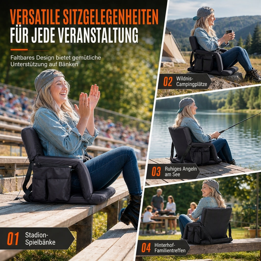 Tragbarer beheizbarer Stadion Sitz Klappbarer Tribünenstuhl mit Rucksackgurten Wasserdichtes, abriebfestes Kissen für Outdoor-Angeln und Sport