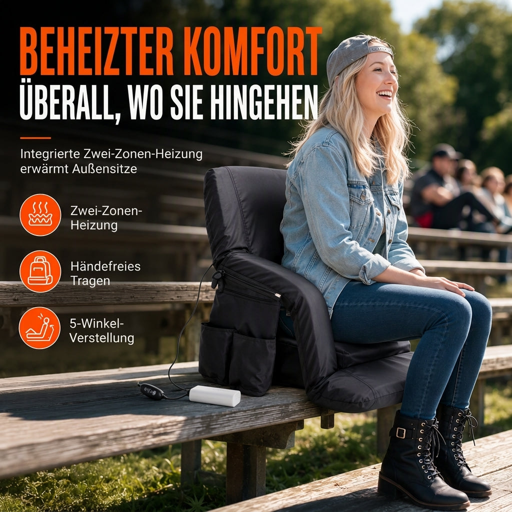 Tragbarer beheizbarer Stadion Sitz Klappbarer Tribünenstuhl mit Rucksackgurten Wasserdichtes, abriebfestes Kissen für Outdoor-Angeln und Sport
